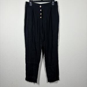 Old Linen Mill Button Linen Pants Black Pleated High Waisted Straight